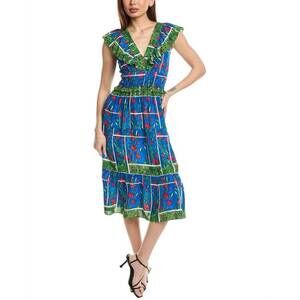 NEW GARRIE B sleeveless floral smocked waist midi dress in blue multi